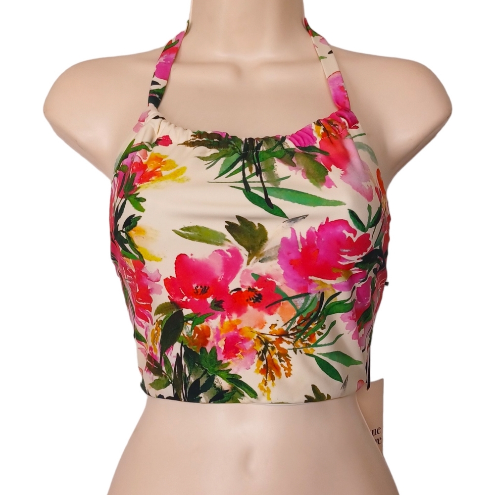 UNIQUE VINTAGE SWIM Colorful Pink Green Floral Print Halter Bikini Top XL NWT